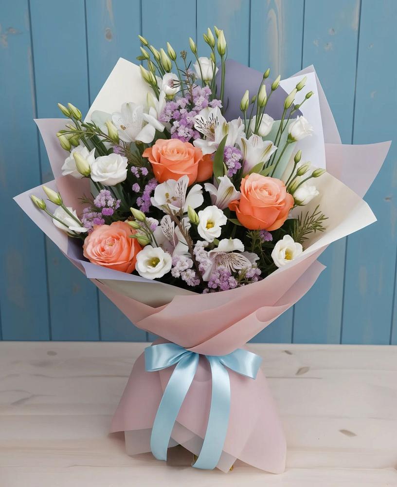 Букет цветов из: Лизиантусы, Розы, Альстромерии и Гипсофила в Малых Дербетах