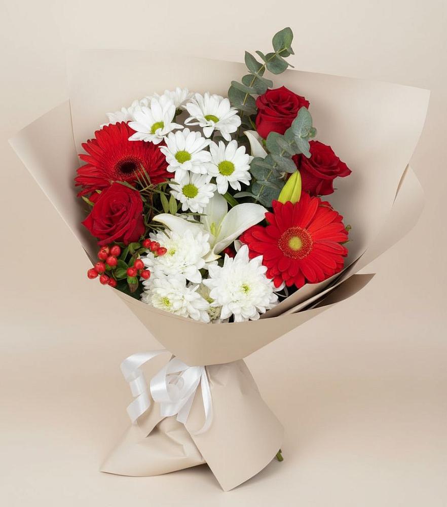 Букет цветов из: Розы, Хризантемы, Герберы и Лилии в Малых Дербетах
