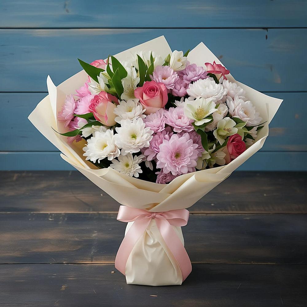 Букет цветов из: Хризантемы, Альстромерии и Розы в Малых Дербетах